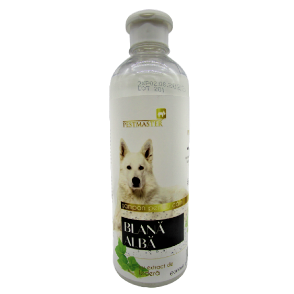 Pestmaster, sampon pentru caini, adecvat pentru blana alba sau deschisa la culoare, cu extract de iedera, 500 ml.